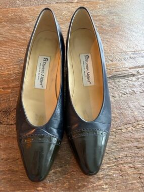 Etienne Aigner Black Leather Pointed Toe Flats with Patent Cap